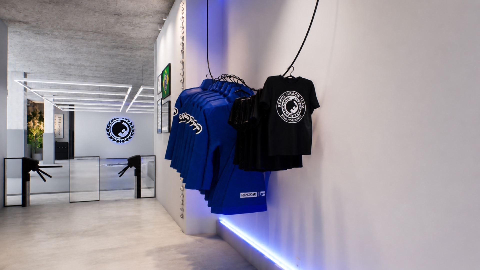 Loja com kimonos azuis e camisetas oficiais