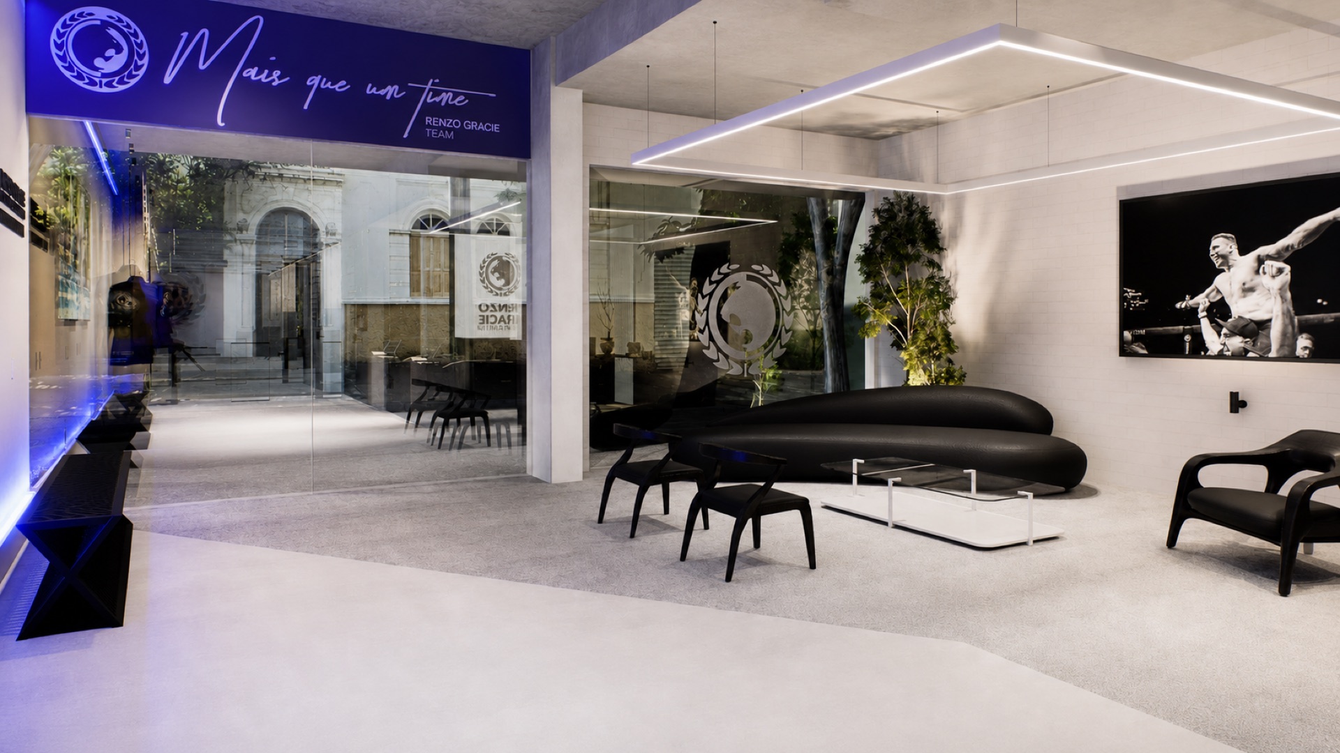 Interior com painel azul iluminado 'Mais que um time'