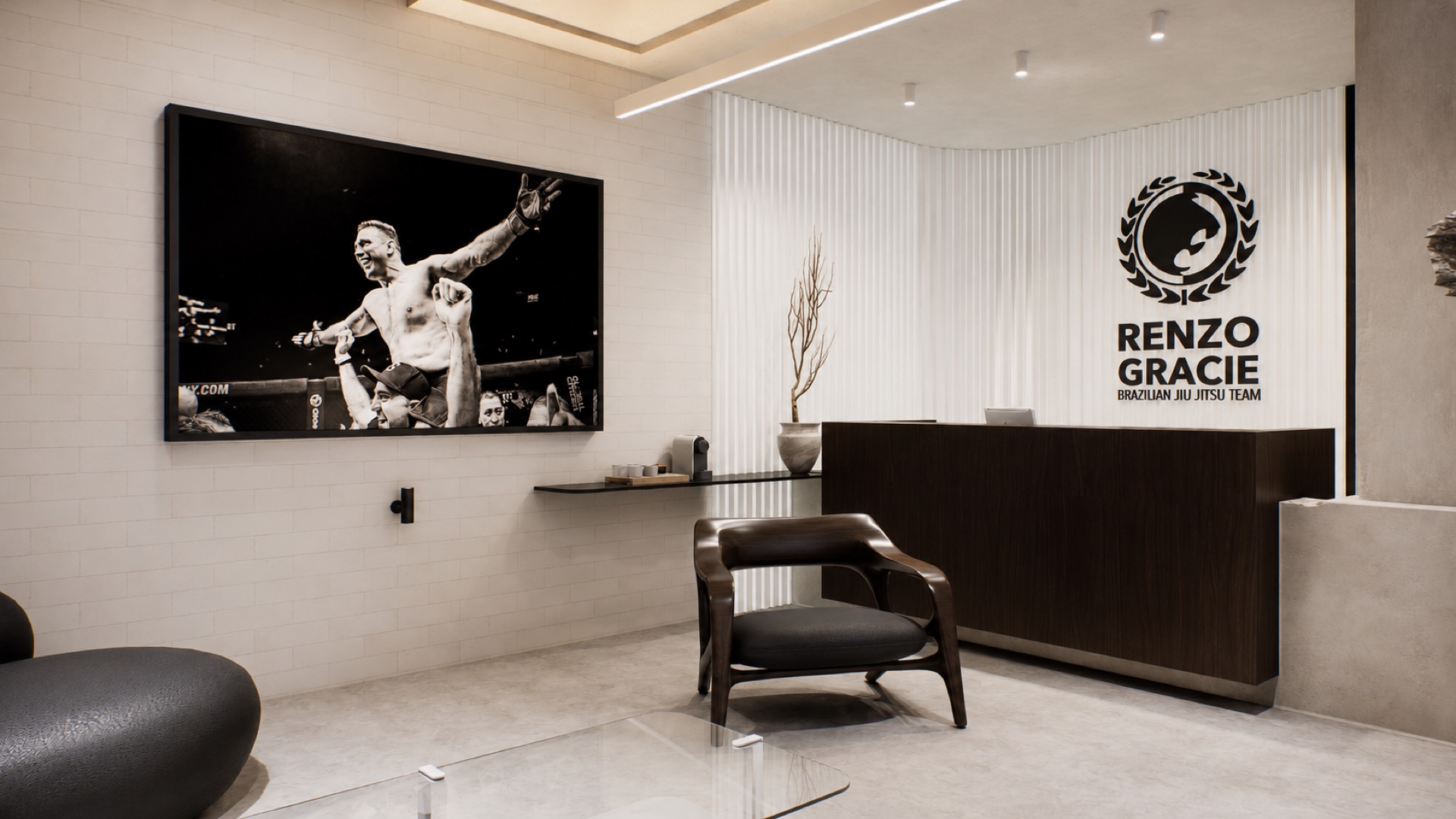 Recepção com mural do Renzo em preto e branco e balcão RGA